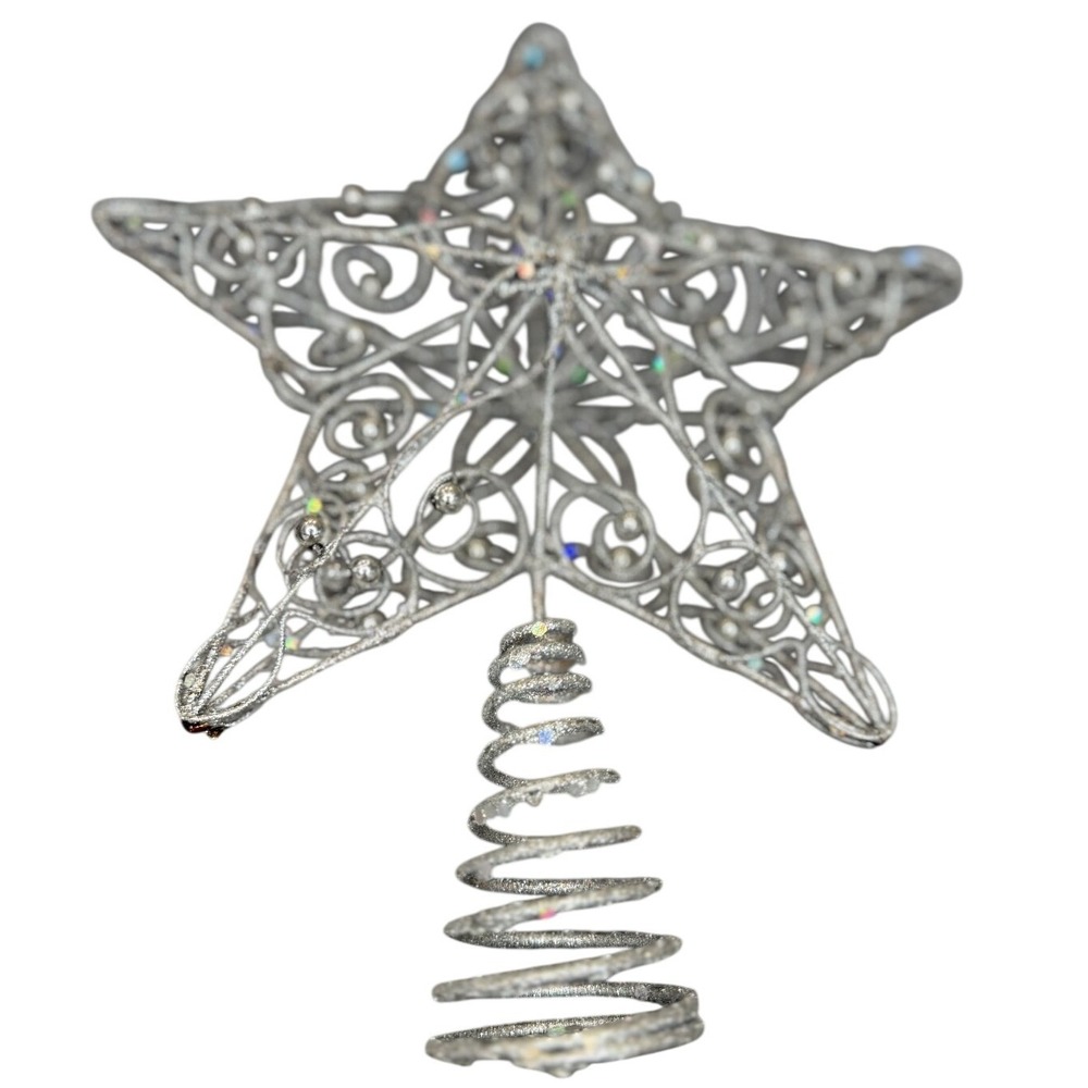Silver Glitter Filigree Star Christmas Tree Topper Wire Scrollwork Holiday Decor - Picture 3 of 7